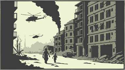 Obraz premium War Torn City Street Destruction Smoke Helicopters Civilians Conflict Aftermath