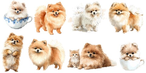 Watercolor drawing set of pommeranian dog 