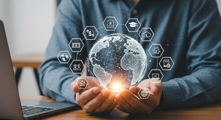 Hands holding a glowing digital globe surrounded by interconnected icons representing global technology and education