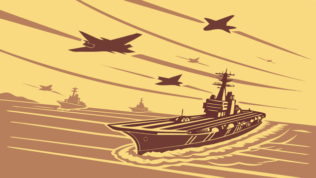 Naval Fleet Power Projection Aircraft Carrier and Fighter Jets at Sea