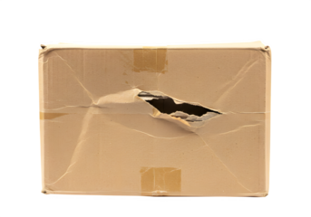 Damaged cardboard box isolated on white or transparent background. PNG, representing shipping problems