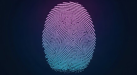 Close up of a vibrant fingerprint illuminated with a gradient of pink and blue light against a dark background