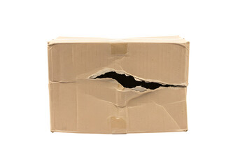 Damaged cardboard box isolated on white or transparent background. PNG, representing shipping problems