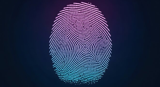 Close up of a vibrant fingerprint illuminated with a gradient of pink and blue light against a dark background