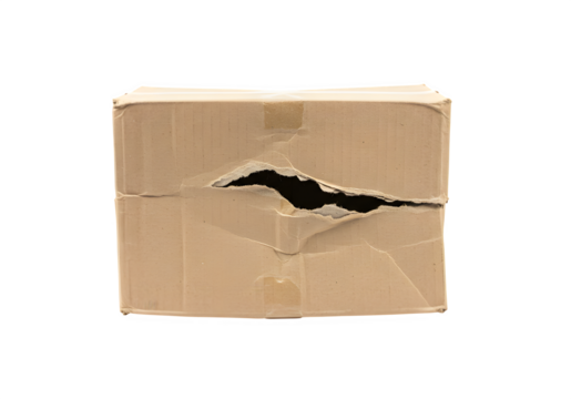 Damaged cardboard box isolated on white or transparent background. PNG, representing shipping problems