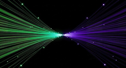Vibrant green and purple light streaks converge in a dark cosmic background with sparkling particles