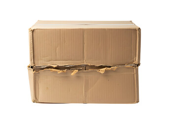 Damaged cardboard box isolated on white or transparent background. PNG, representing shipping problems