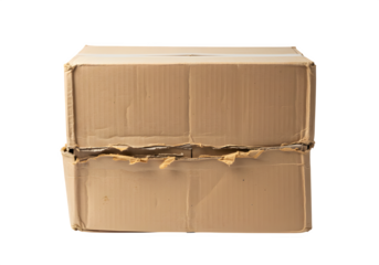Damaged cardboard box isolated on white or transparent background. PNG, representing shipping problems