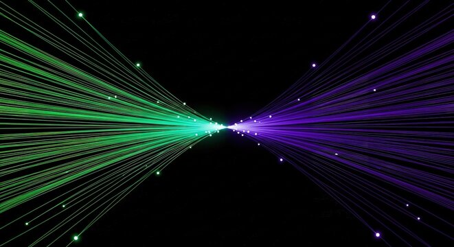 Vibrant green and purple light streaks converge in a dark cosmic background with sparkling particles - Powered by Adobe