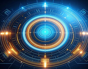 Abstract circular graphic with concentric rings and glowing lines in blue and gold