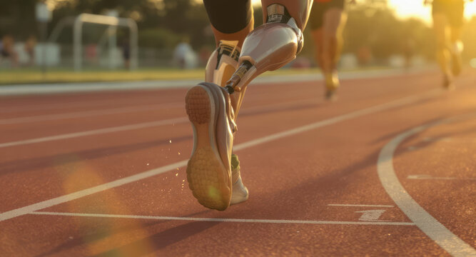 Runner with prosthetic leg sprinting on outdoor track at sunset
