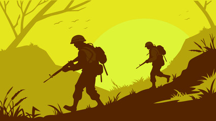 Silhouetted Soldiers Patrolling Rugged Hill at Sunrise