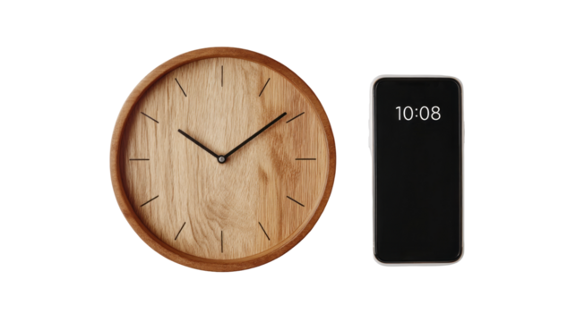 Compare wooden clock and smartphone showing the same time, isolated, transparent background.