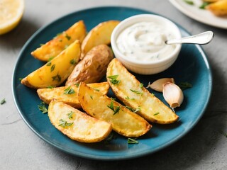 Golden Potato Wedges with Herbs and Garlic Dip