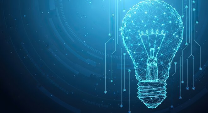 Illuminated digital lightbulb symbolizing innovation and technological advancement against a dark blue background