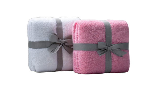Two plush, soft blankets, one white and one pink, presented as gifts.  Wrapped in grey ribbon with bows