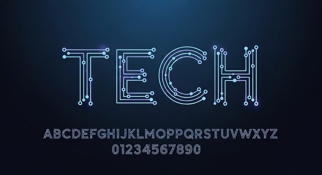 Futuristic circuit board typography displaying the word tech and alphabetical characters