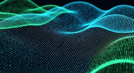 Abstract digital landscape of glowing blue and green waves formed by thousands of tiny particles