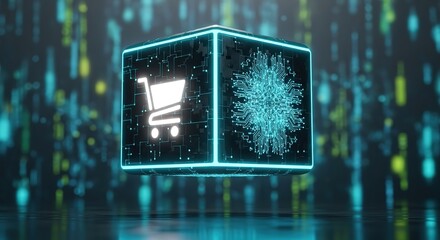 Futuristic glowing cube with shopping cart and digital network symbolizes modern online commerce and technology