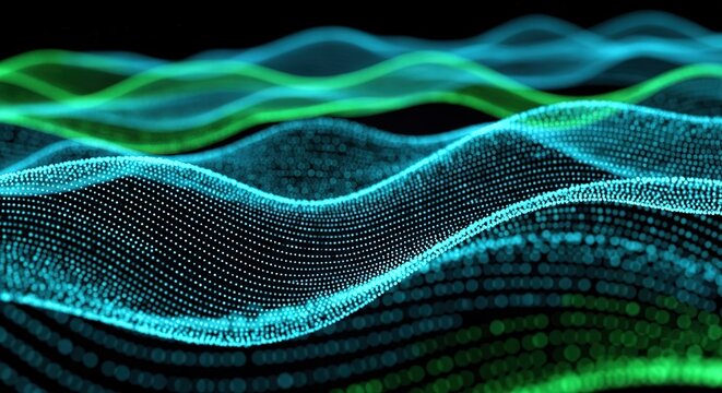 Abstract digital waveform of glowing blue and green particles creating a futuristic landscape