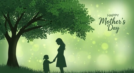 Mother and Child Holding Hands Under Large Green Tree for Happy Mothers Day Celebration