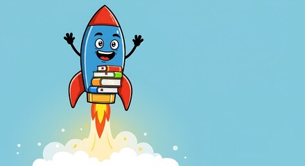 Blue cartoon rocket character with books launching, symbolizing educational progress and growth.
