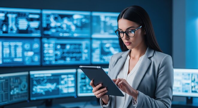 Focused female analyst in glasses uses tablet in control room with multiple glowing blue screens