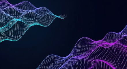 Fototapeta premium Abstract digital landscape of glowing neon particles forming wavy structures on a dark background