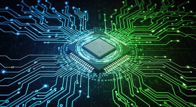 Intricate circuit board design with glowing blue and green lines emanating from a central processor - Powered by Adobe