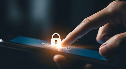 Finger touching digital padlock on smartphone screen