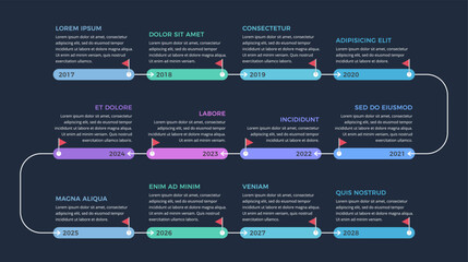 Timeline infographic template with 12 elements and arrows guiding the progression, vector eps10 illustration