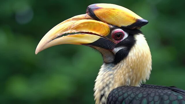 Close-up profile of a majestic Great Hornbill bird with its striking yellow casque and large beak in natural habitat