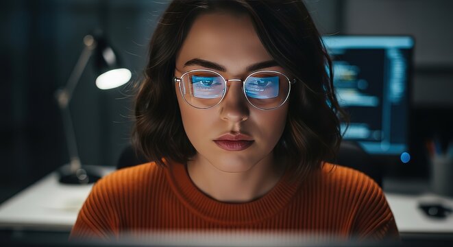 Focused young woman wearing glasses working late at night on a computer with screen reflection