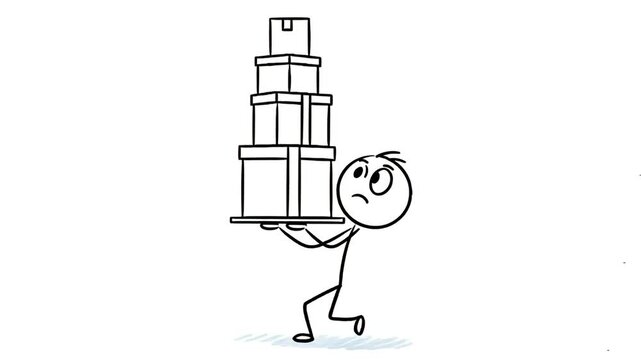 Animated stick figure character struggling to carry a heavy stack of boxes