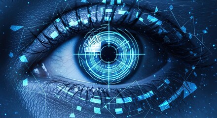 Futuristic digital eye with cybernetic interface and data overlays reflecting advanced technology and surveillance