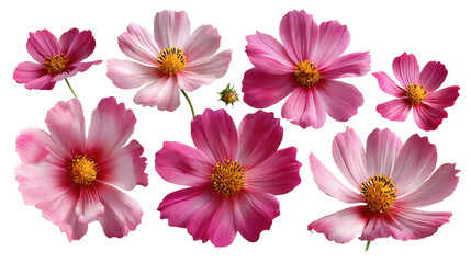 Blossoming Beauty: A vibrant cluster of delicate cosmos flowers, each with a unique shade of pink, their radiant petals framing golden centers. Capturing the ephemeral beauty and floral charm.