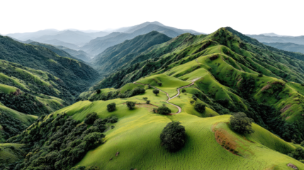 Emerald Ridge Vista: A breathtaking panorama of rolling, green hills and mountain ranges stretch into the horizon, evoking a sense of tranquility and adventure under a vast, clear sky.