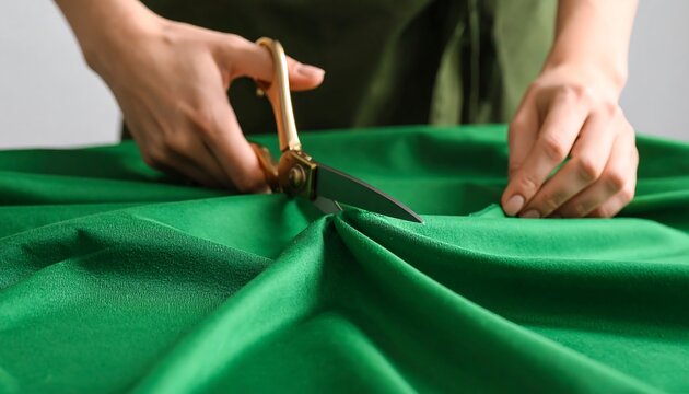 Close-up of hands cutting green fabric - Powered by Adobe