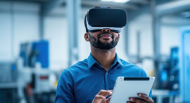 Man wearing virtual reality headset and holding a tablet computer in a modern industrial setting