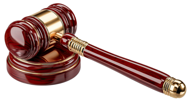 Judicial Harmony: a wooden gavel on sound block, symbolizing law and justice in a courtroom.