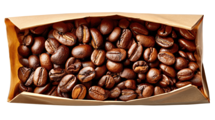 Fresh Coffee Beans: A visual symphony of freshly roasted coffee beans spills out of a rustic paper bag, inviting the viewer with the promise of rich aroma and invigorating taste.