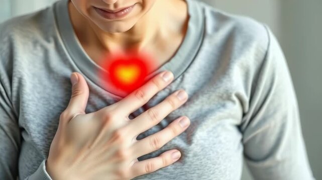A woman is experiencing heartburn and chest pain, indicating acid reflux and digestive issues