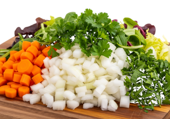 Diced carrots onions and fresh herbs isolated on a transparent background