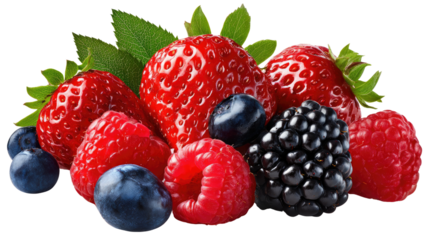 Burst of Berry Bliss: A vibrant close-up showcases a medley of ripe and juicy berries, bursting with natural sweetness and freshness. A visual treat for the senses.