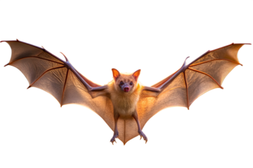 A small light brown bat with its large wings fully spread in flight captured midair against a clean transparent background showcasing its delicate structure