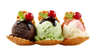 three variants ice cream with chocolate and cherry on top of wafers isolated on a transparent background