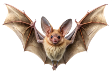 A tiny adorable bat with exceptionally large ears and wide wings is suspended in the air against a transparent background its fluffy body and curious face prominent