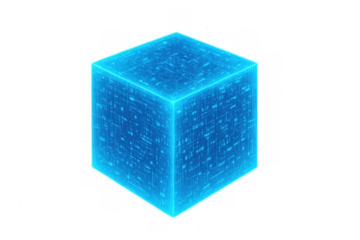 Digital blue cube spinning, revealing intricate electronic circuit design, representing technological innovation and computational complexity