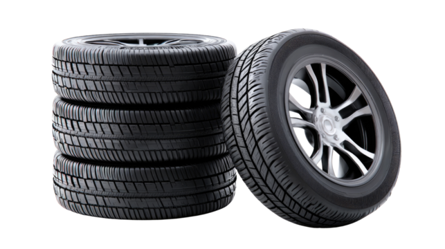 Tires: A stack of new car tires with a modern design. The tires are black with detailed treads and sit on sleek, metallic rims, symbolizing automotive innovation and reliability.