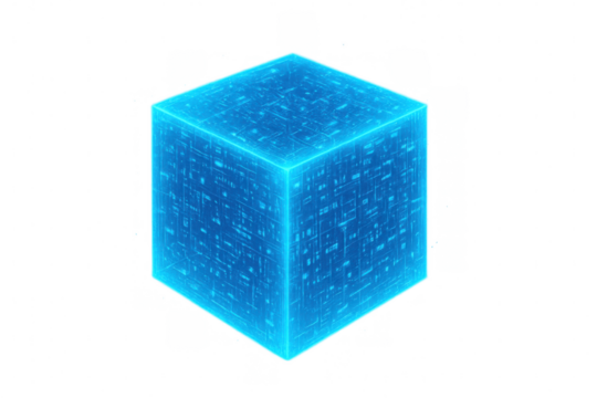 Digital blue cube spinning, revealing intricate electronic circuit design, representing technological innovation and computational complexity
